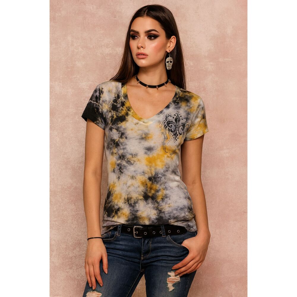 Affliction Like Yellow Gray Tie Dye Bling T Shirt Tee Top  Women's Size Medium